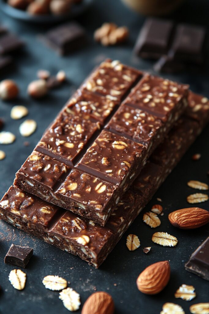 A batch of rich, chocolate-infused granola bars with oats and nuts, cut into neat bars.