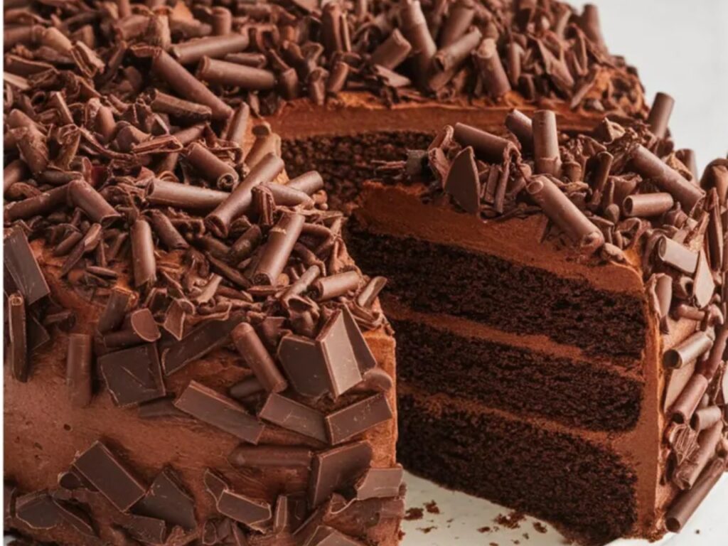 A moist chocolate cake with multiple layers of rich chocolate buttercream, decorated with chocolate shards.