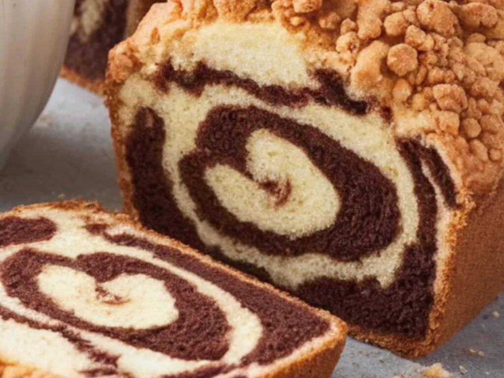 A soft vanilla crumb cake with rich chocolate swirls.