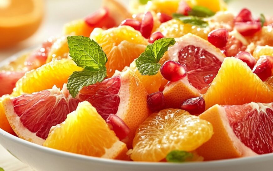 A vibrant mix of oranges, grapefruit, tangerines, and pomegranate seeds, tossed in citrus honey dressing.