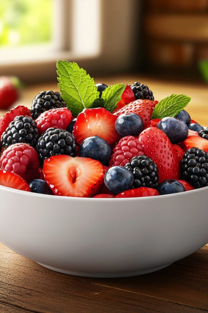 A simple mixed berry salad with strawberries, blueberries, raspberries, and blackberries, topped with honey and fresh mint.