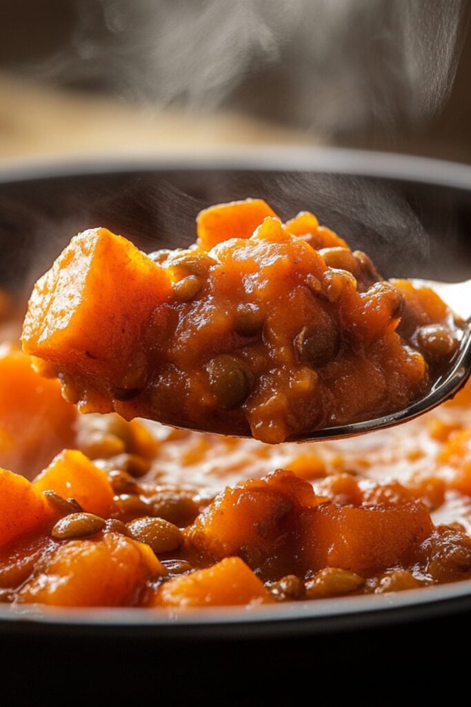 A spoon lifting a scoop of lentil and sweet potato stew, showing its thick texture and tender sweet potatoes, with steam rising