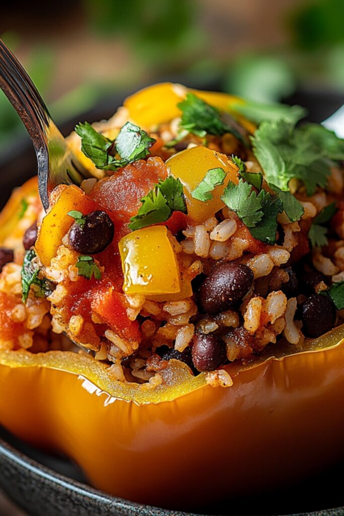 A close-up of a fork lifting a bite of stuffed bell pepper, showing the filling of rice, black beans, and fresh herbs.