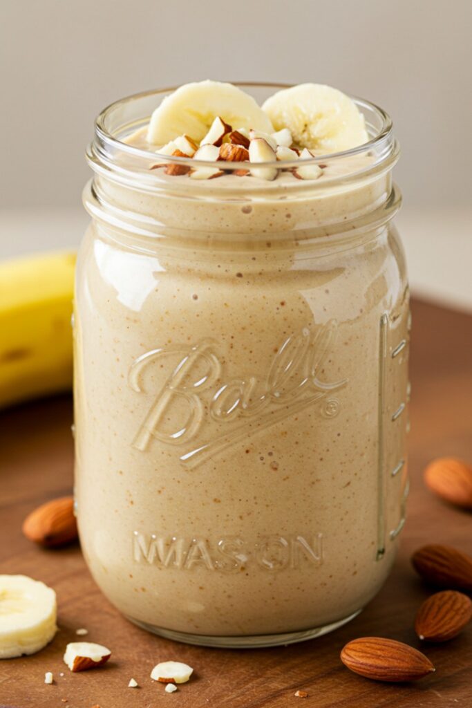 A tall glass filled with a creamy smoothie made from ripe bananas and almond butter, garnished with banana slices and a sprinkle of chopped almonds, placed on a rustic wooden table