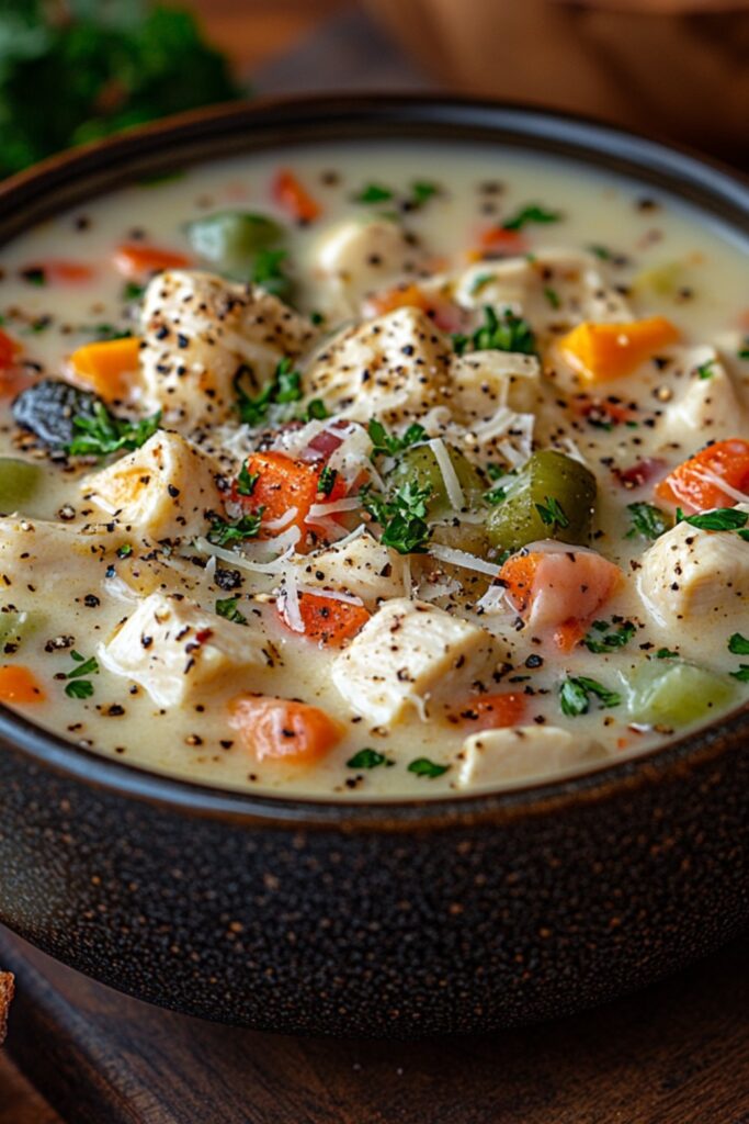 A bowl of creamy garlic parmesan chicken soup, rich and inviting, filled with tender pieces of chicken and colorful diced vegetables. The soup is topped with a sprinkle of fresh parsley and shredded parmesan cheese, creating a beautiful contrast against the creamy background. The setting includes a rustic wooden table, with a slice of crusty bread beside the bowl, perfect for dipping and enjoying on a chilly evening.