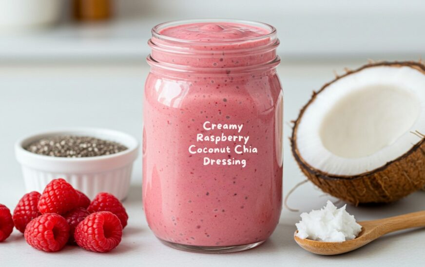 A glass jar filled with creamy Raspberry Coconut Chia Dressing, surrounded by fresh raspberries, coconut, and chia seeds.