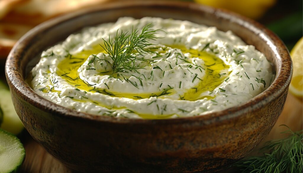 A smooth and creamy tzatziki yogurt dip served in a rustic ceramic bowl, garnished with a drizzle of olive oil and fresh dill. The dip is placed on a dark textured surface, surrounded by pita bread slices, fresh cucumber, and lemon wedges for a Mediterranean-inspired presentation.