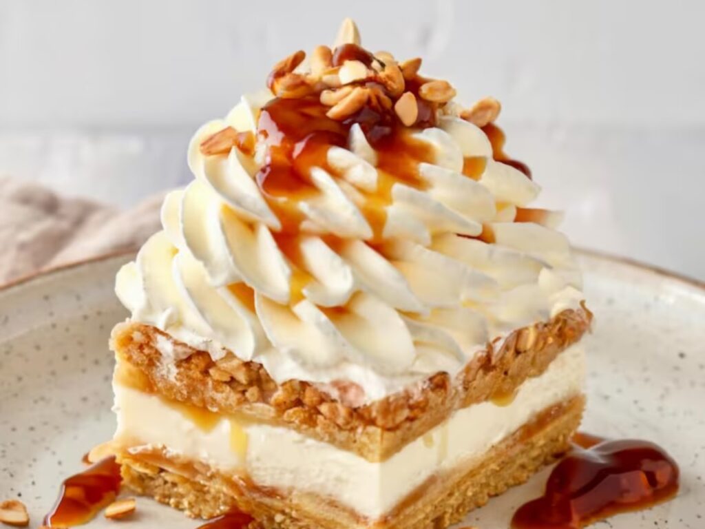 A caramel cake with layers of crunchy caramelized nuts and caramel drizzle.