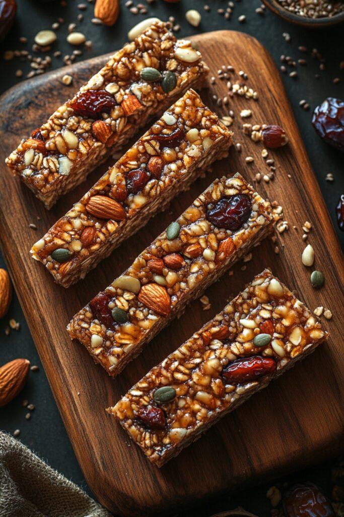 Soft granola bars sweetened with dates, packed with nuts and seeds, placed on a rustic wooden board.