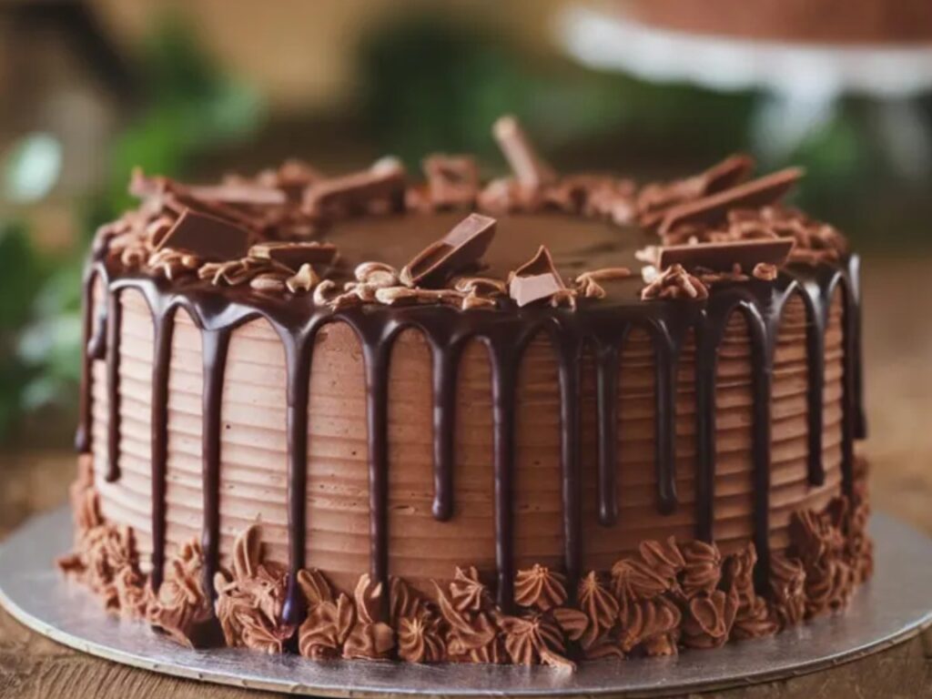 A decadent chocolate ganache cake topped with chocolate curls, showcasing rich layers and a glossy frosting.