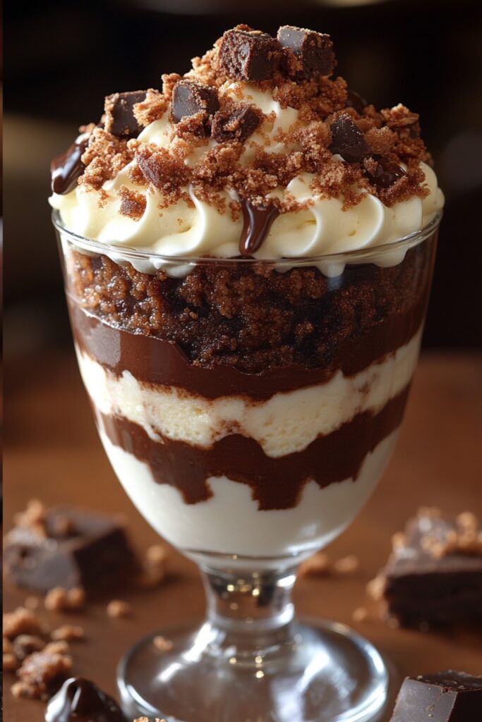 High-quality image of a decadent dessert featuring layers of creamy vanilla and rich chocolate pudding, topped with crumbled brownie pieces, elegantly presented in a clear glass.