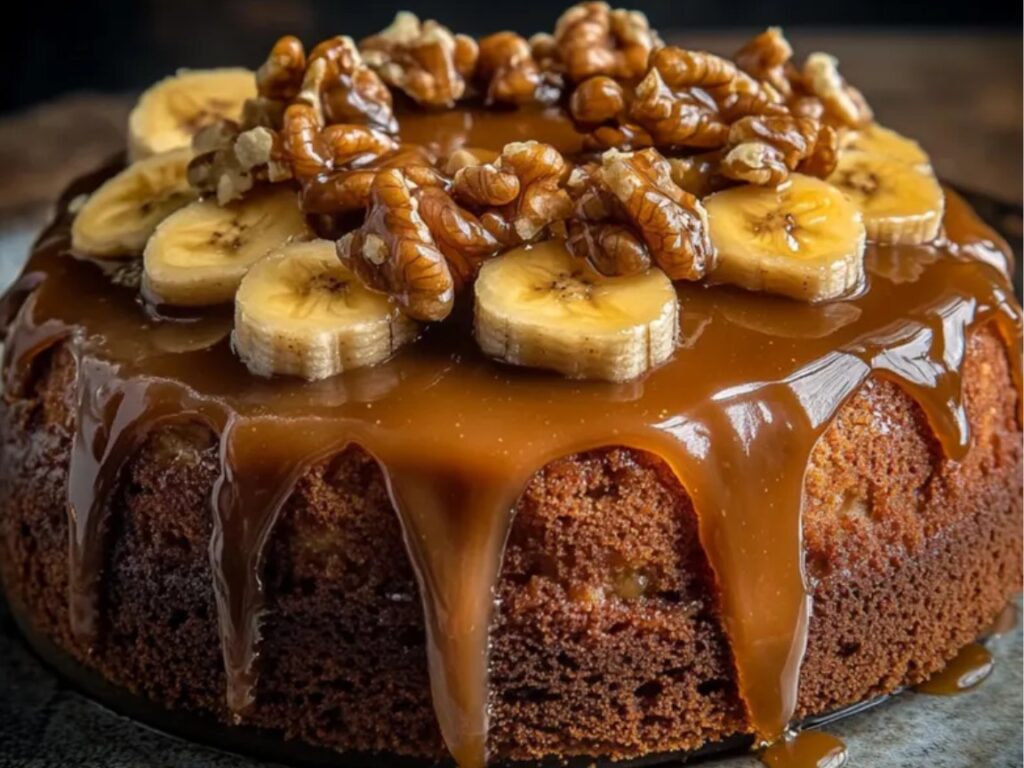 A moist banana cake infused with rum caramel and topped with caramelized bananas.