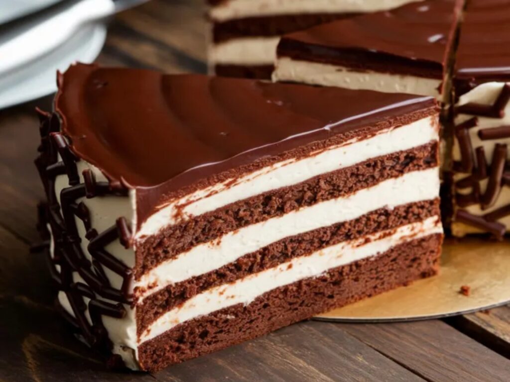 A multi-layered chocolate cake with rich cream cheese frosting.