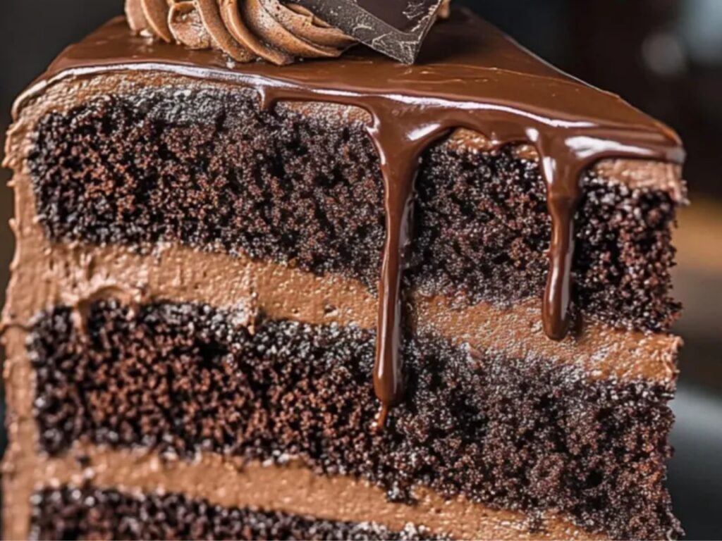 A rich three-layer chocolate cake with dark, milk, and white chocolate ganache.