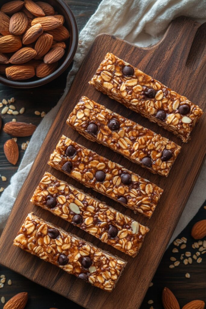 Nut-free and oat-free granola bars neatly stacked on a wooden surface, showcasing their chewy texture and rich chocolate topping. The scene is bright and inviting, with a bowl of seed butter and scattered chocolate chips enhancing the wholesome, homemade feel.

