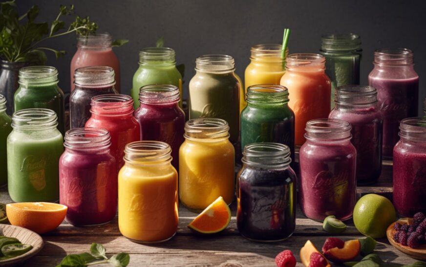 A colorful selection of 15 detox smoothies in various glasses, surrounded by fresh detox ingredients like kale, ginger, lemon, and berries on a bright wooden surface.