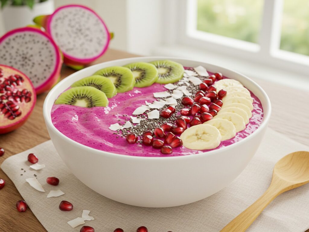 A vibrant dragon fruit and banana smoothie bowl topped with fresh kiwi, chia seeds, and pomegranate, placed on a rustic wooden surface with soft natural lighting.