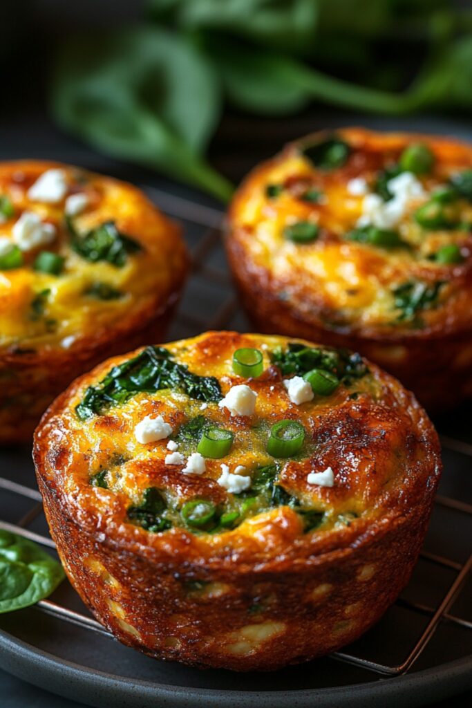 freshly baked egg muffins with spinach and feta displayed on a cooling rack