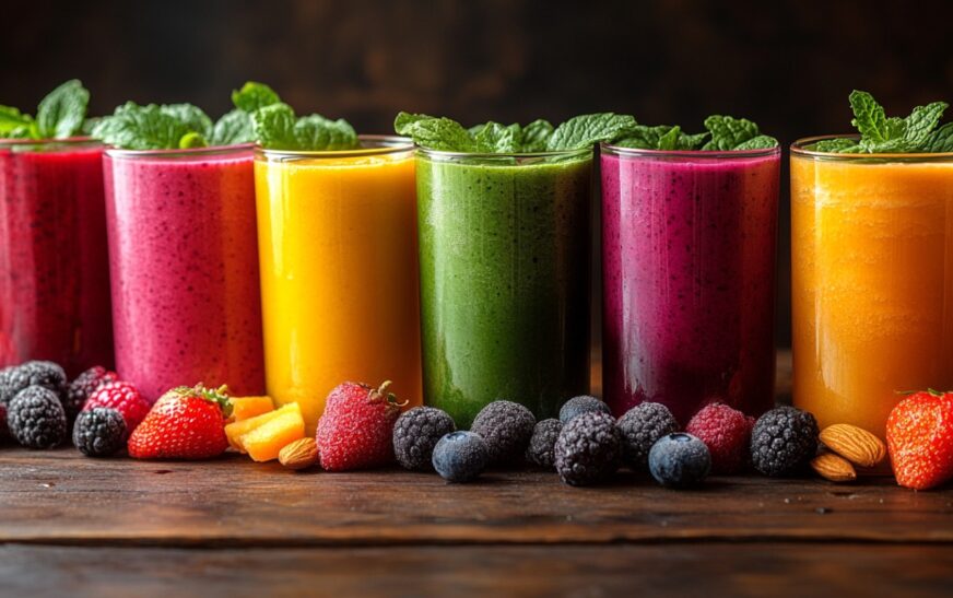 A vibrant breakfast scene displaying an assortment of colorful smoothies made from fresh ingredients such as berries, tropical fruits, leafy greens, and nuts, set on a rustic wooden table illuminated by morning sunlight.