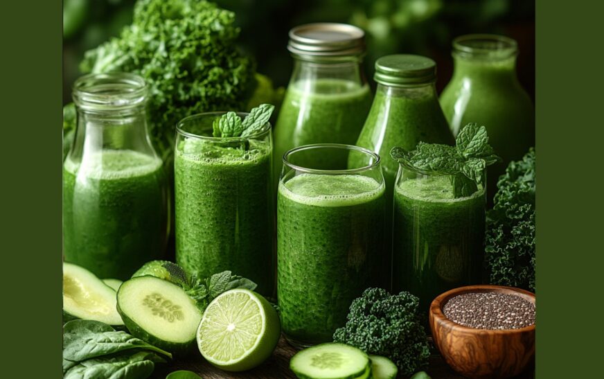 A vibrant assortment of green smoothies in tall glasses and mason jars, arranged on a rustic wooden table with fresh ingredients like spinach, kale, cucumber, green apples, and lime.