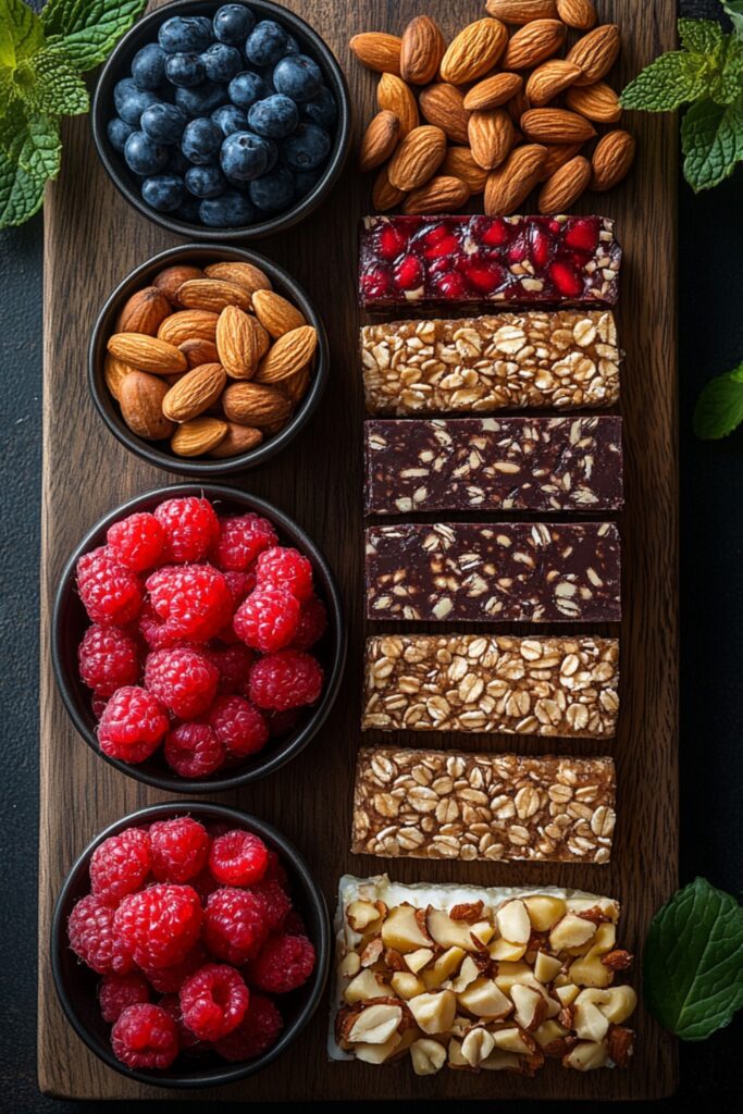 An assortment of healthy snacks including energy bars, nuts, fruits, and yogurt.