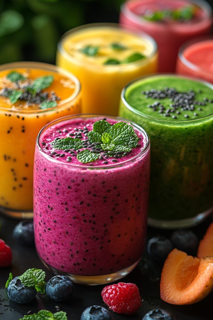 Colorful smoothies in clear glasses with various fruits and mint leaves