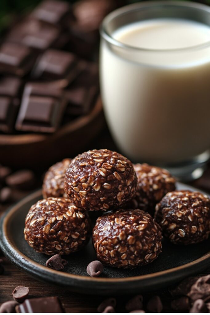 homemade energy bites made with oats and dark chocolate chips arranged on a plate with a glass of milk