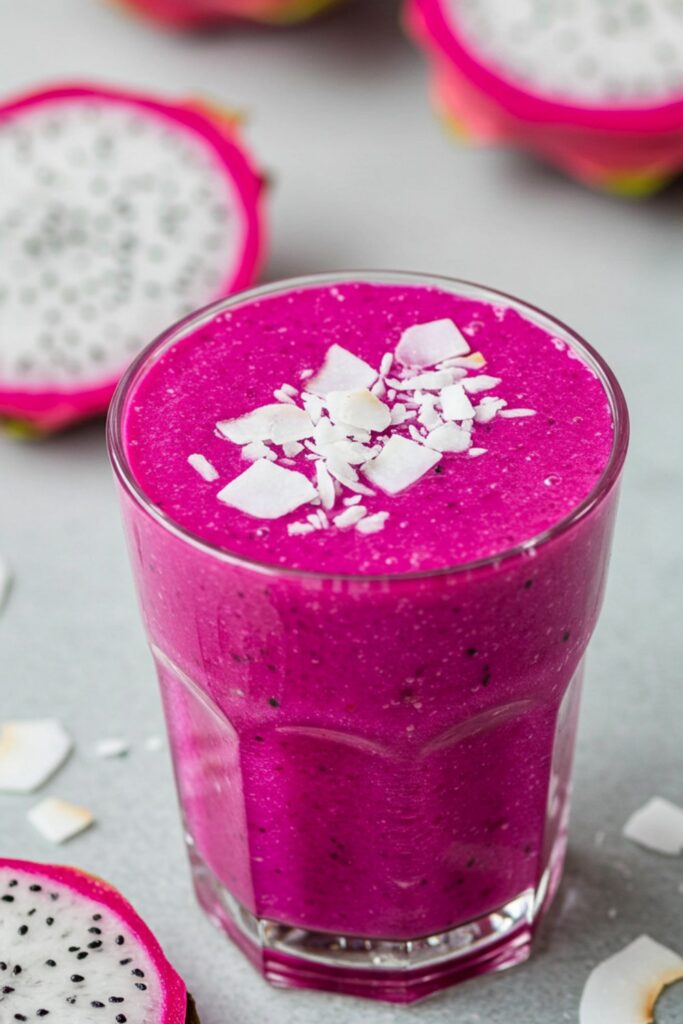 A tall glass filled with a vibrant pink smoothie made from fresh dragon fruit and creamy coconut milk, garnished with a slice of dragon fruit and a sprinkle of shredded coconut, placed on a tropical-themed background.