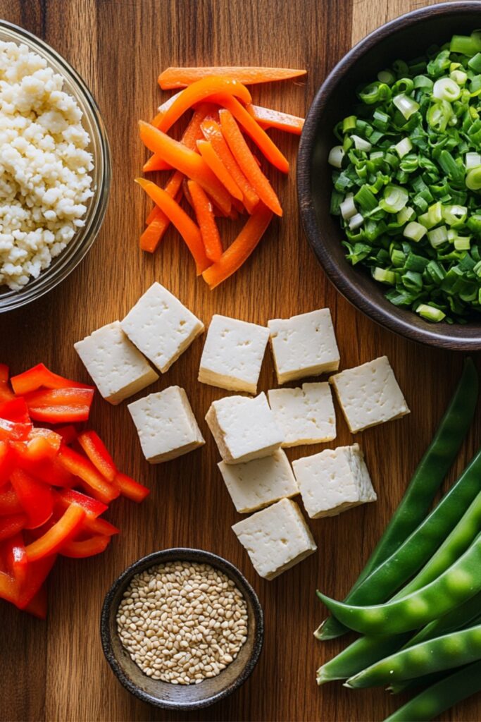 A top-down view of fresh ingredients for cauliflower rice stir-fry, including tofu, cauliflower rice, bell peppers, carrots, and soy sauce.