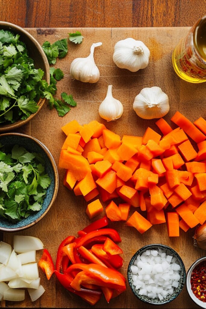 A flat-lay shot of fresh ingredients for coconut curry vegetable soup, including carrots, bell peppers, coconut milk, and curry powder.