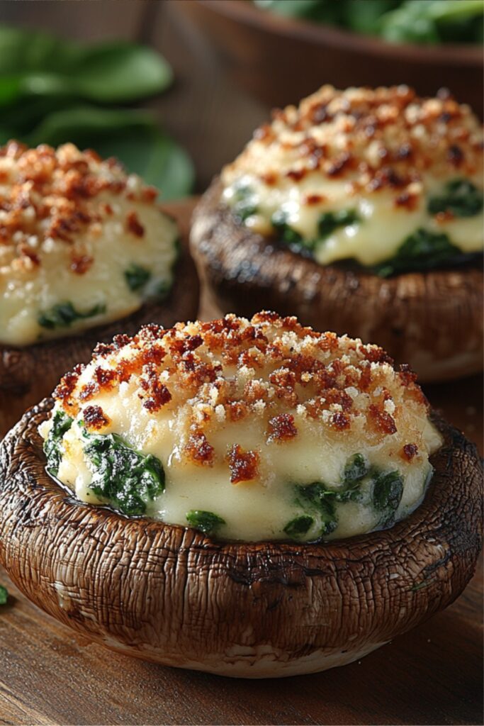 A top-down view of fresh ingredients for spinach and feta stuffed mushrooms, including hollowed mushrooms, vibrant spinach, crumbled feta, minced garlic, breadcrumbs, olive oil, and spices, all neatly arranged on a rustic wooden background.