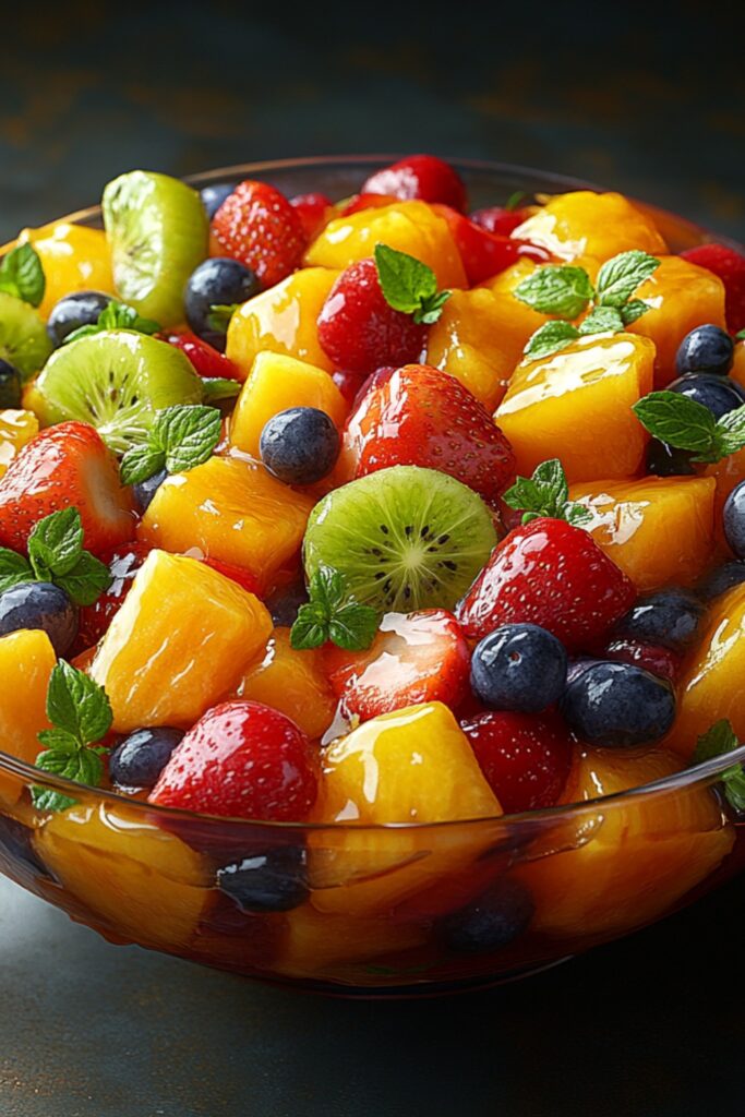 a colorful fruit salad drizzled with honey lime dressing served in a clear bowl