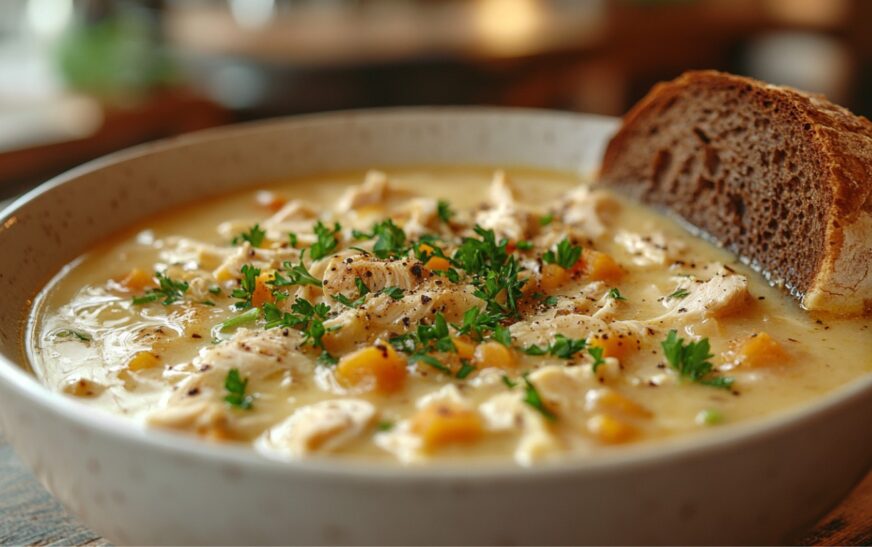 A beautiful bowl of German Hühnersuppe (Classic German Chicken Soup), served fresh with authentic ingredients and a cozy background.