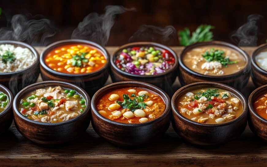 A variety of delicious international chicken soups displayed with small flags from different countries, representing diverse flavors from around the world.