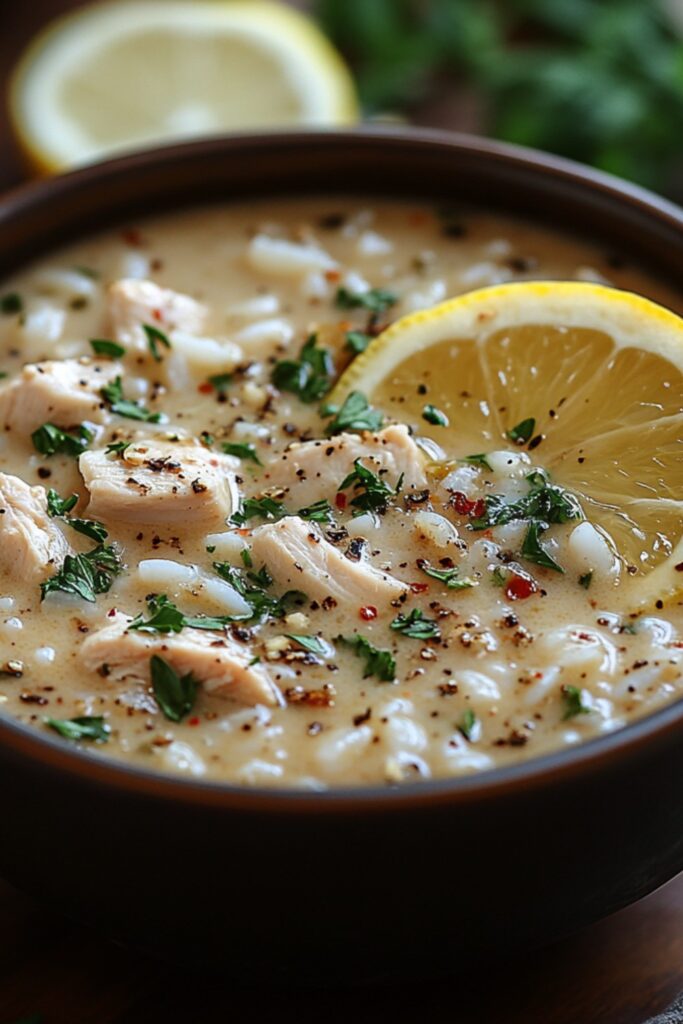 A bowl of Greek Avgolemono soup, showcasing tender chicken pieces and rice in a creamy, lemony broth. The soup is garnished with fresh parsley, and a slice of lemon rests on the edge of the bowl. The background features a rustic wooden table with a few Mediterranean herbs scattered around, adding to the inviting atmosphere.