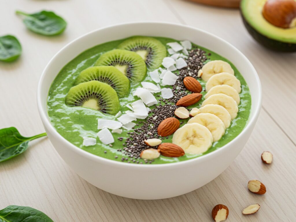 A vibrant green smoothie bowl topped with kiwi slices, coconut flakes, and chia seeds, on a wooden table with fresh spinach and avocado.