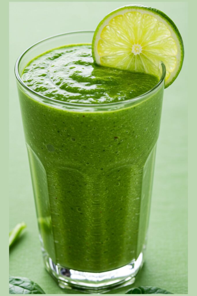 A tall glass filled with a vibrant green smoothie made from fresh spinach and ripe avocado, garnished with a slice of avocado and a spinach leaf, placed on a rustic wooden table.