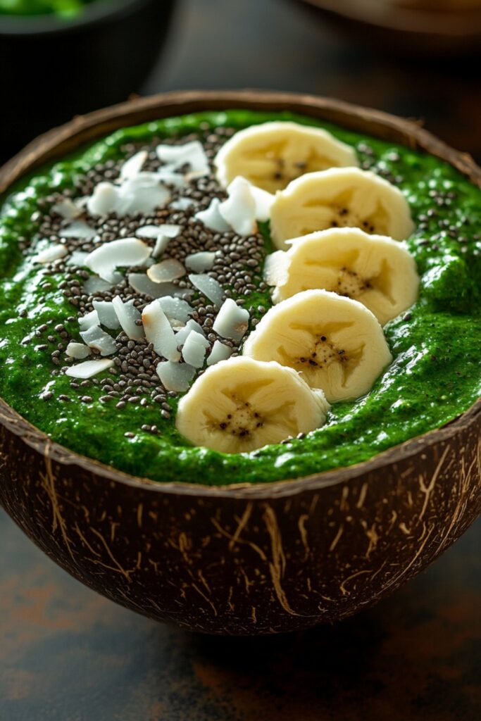 A vibrant green smoothie bowl topped with banana slices, chia seeds, and coconut flakes.