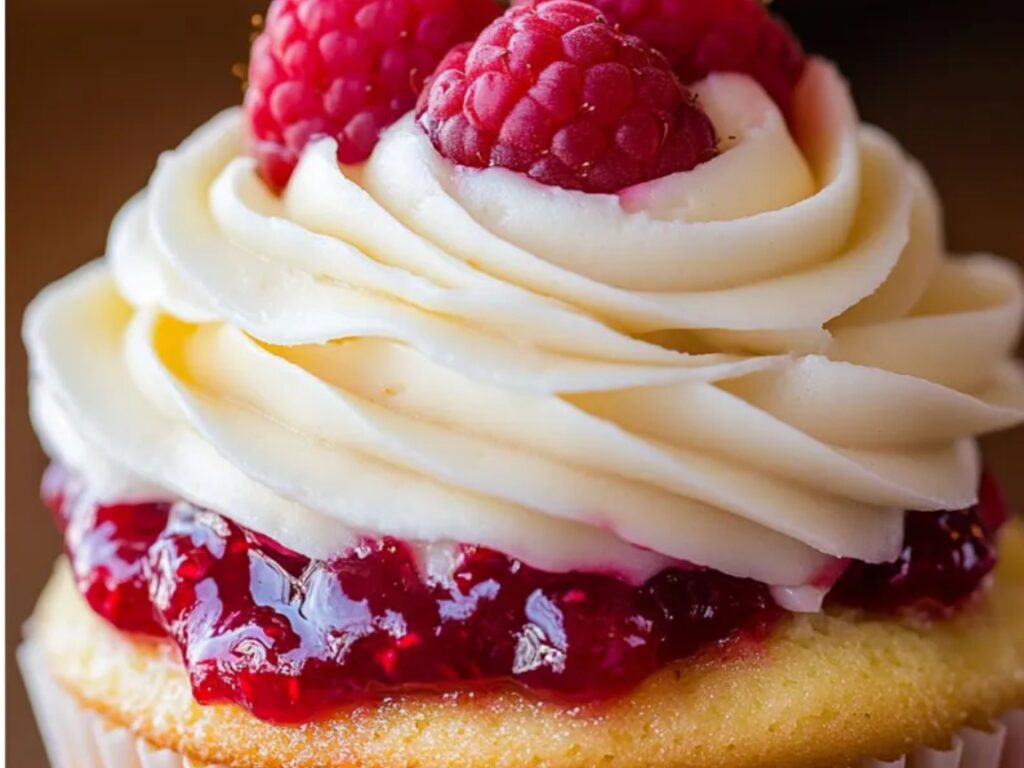 Vanilla cupcakes topped with raspberry buttercream and fresh raspberries.