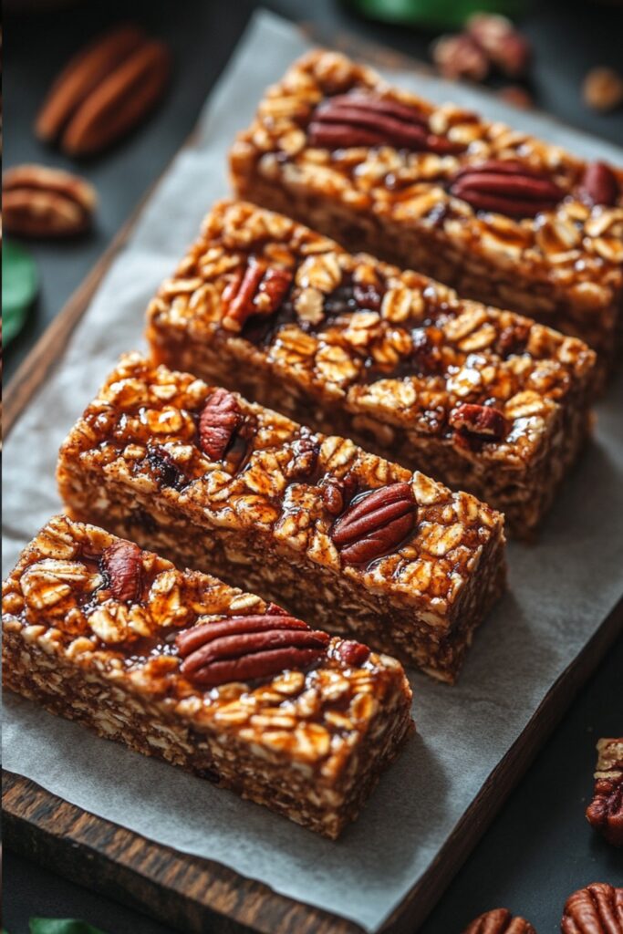 A tray of maple syrup granola bars with pecans and cinnamon, served on parchment paper.