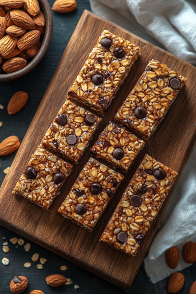 A batch of nut-free and oat-free granola bars arranged on a wooden cutting board, topped with chocolate chips and made with wholesome, allergy-friendly ingredients. The bars have a soft, chewy texture with a rich, golden color, complemented by scattered chocolate chips and a bowl of seed butter for a cozy, homemade feel.