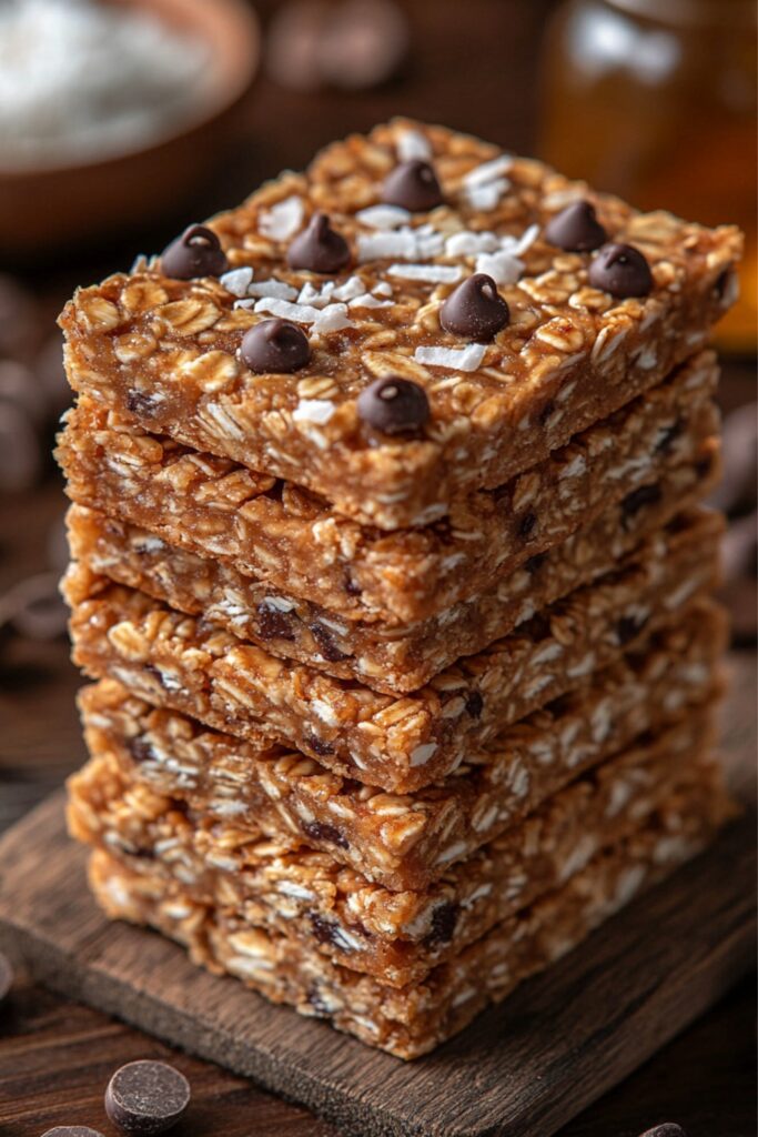 Healthy oatmeal coconut energy bars stacked on a marble surface, featuring oats, nuts, and shredded coconut for a nutritious snack.