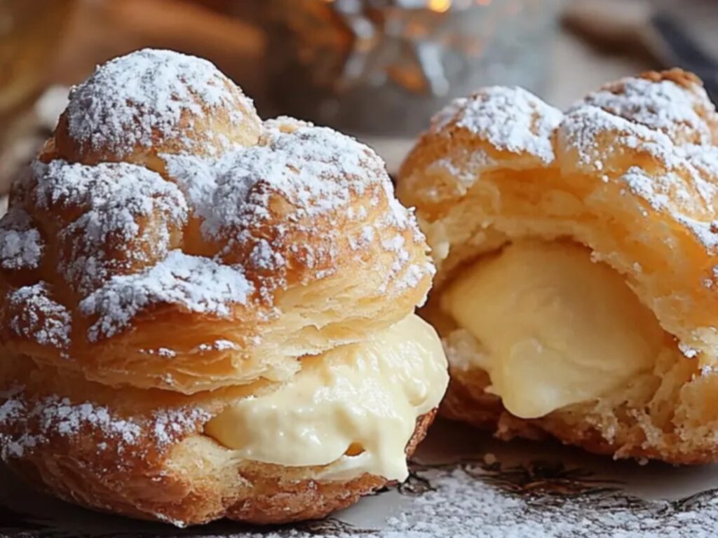 Light, airy cream puffs filled with vanilla pastry cream and dusted with powdered sugar.