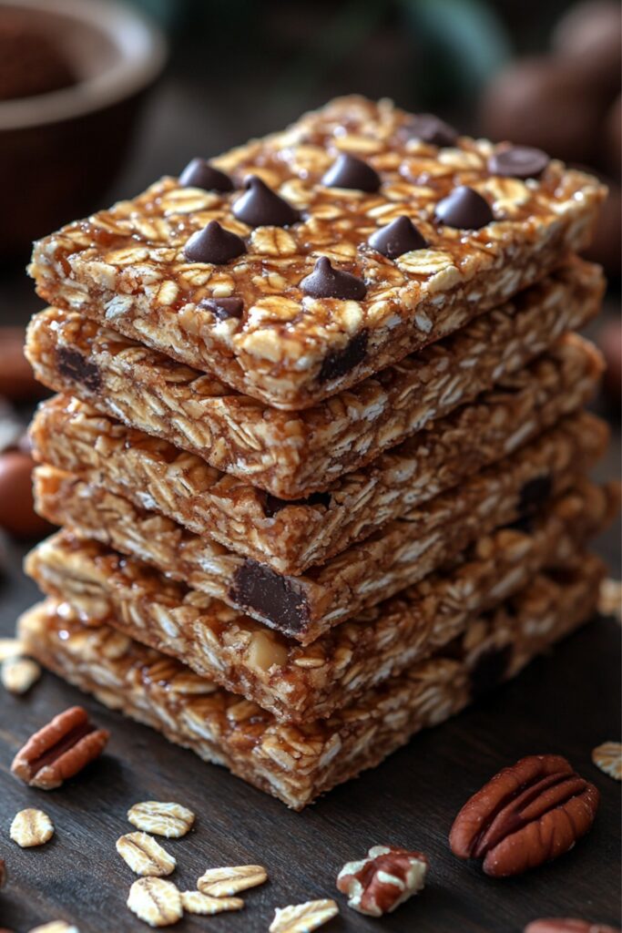 A rustic wooden cutting board featuring chewy no-bake honey oat granola bars, beautifully arranged with scattered chocolate chips and oats. A bowl of peanut butter sits nearby, enhancing the warm, homemade aesthetic of these nutritious bars.