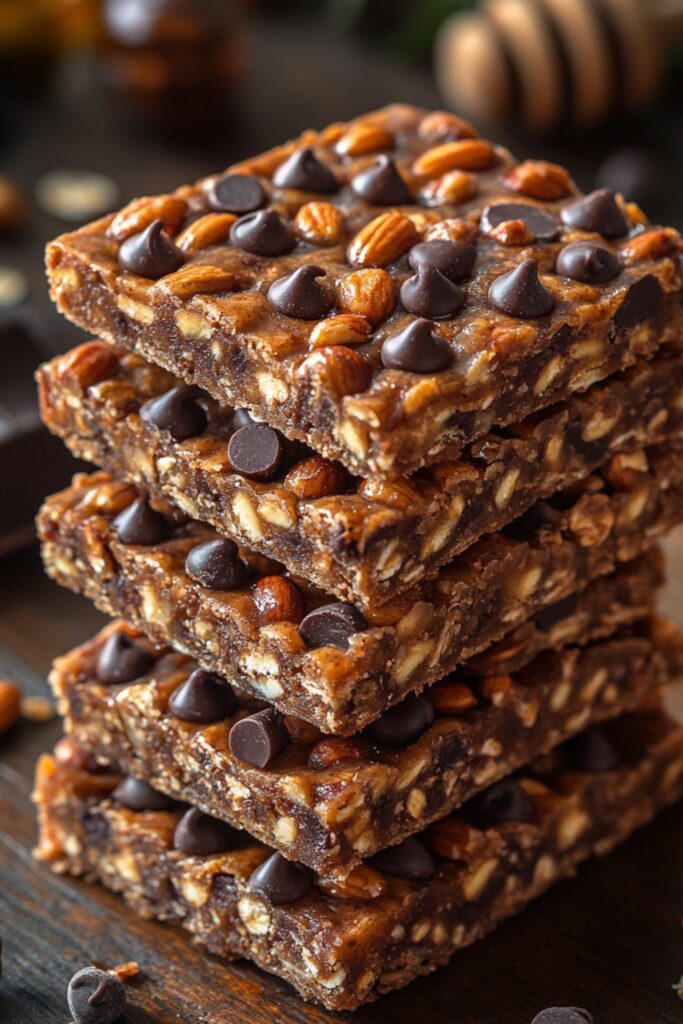 Chewy honey oat granola bars with nuts and chocolate chips on a wooden table, styled with oats and honey.