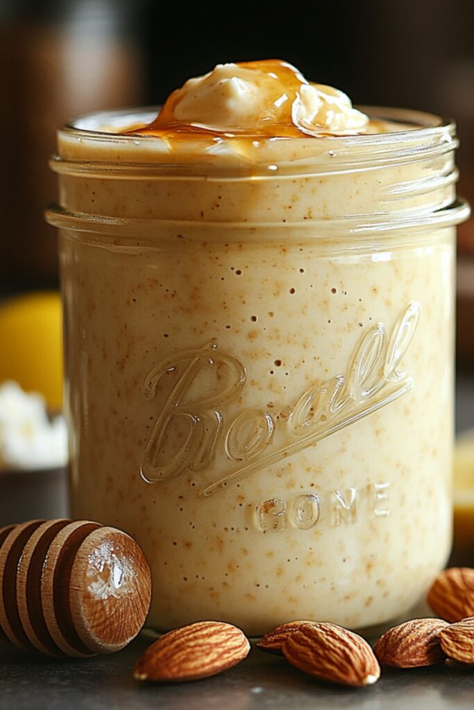 A homemade Protein-Packed Honey Yogurt Dressing in a glass jar, ready to be drizzled over fresh salads or grain bowls.