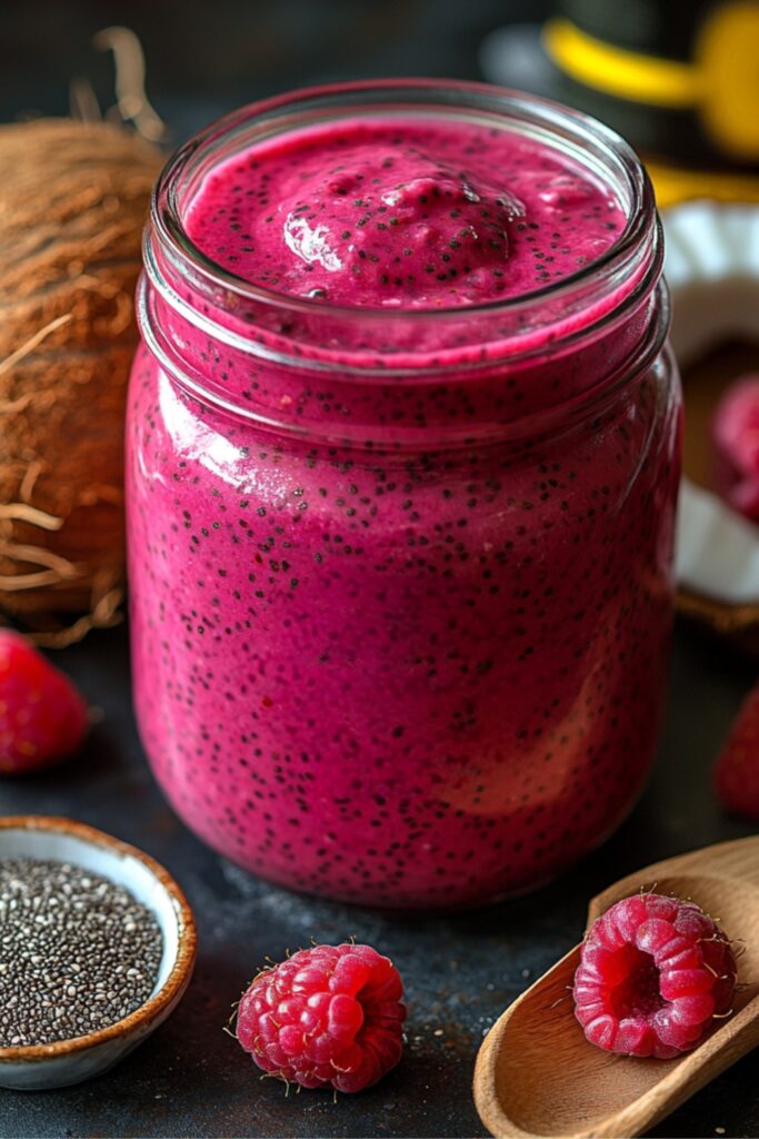 A homemade Raspberry Coconut Chia Dressing in a glass jar, ready to be drizzled over fresh salads.