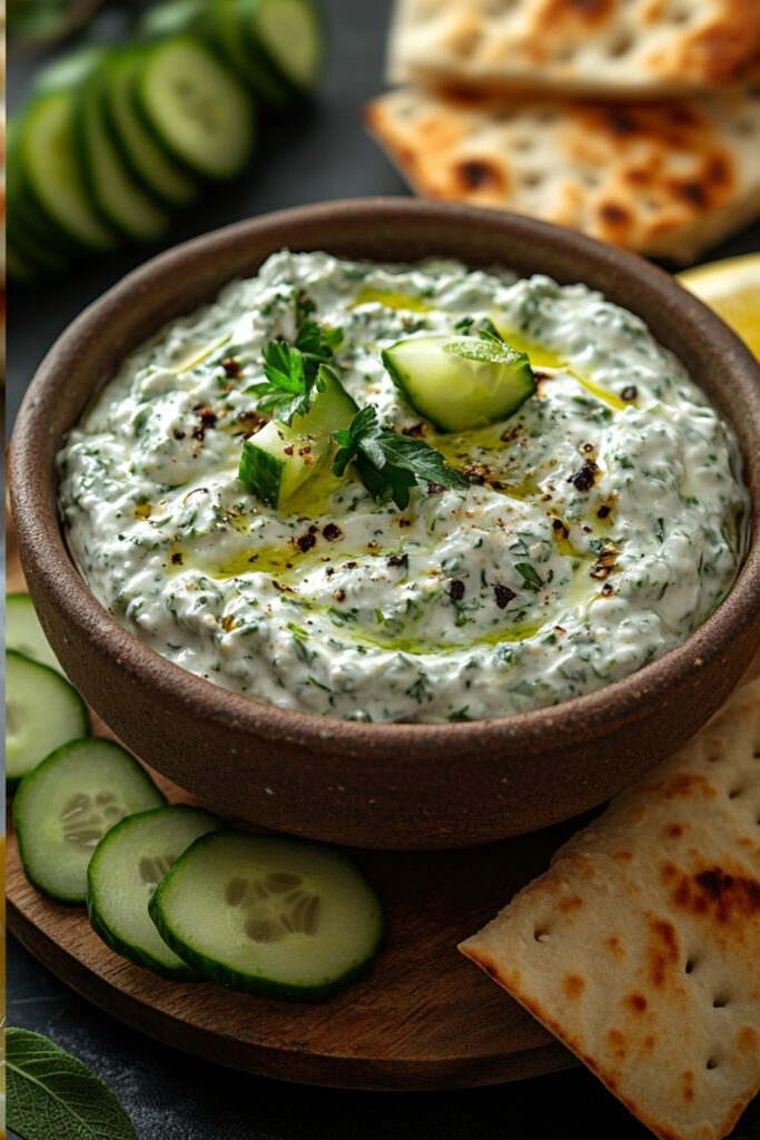 A close-up of homemade tzatziki dip served in a ceramic bowl, with warm pita bread slices, fresh cucumber, and a drizzle of olive oil. The dip has a rich, creamy texture with finely grated cucumber and fresh herbs, set against a clean, neutral background