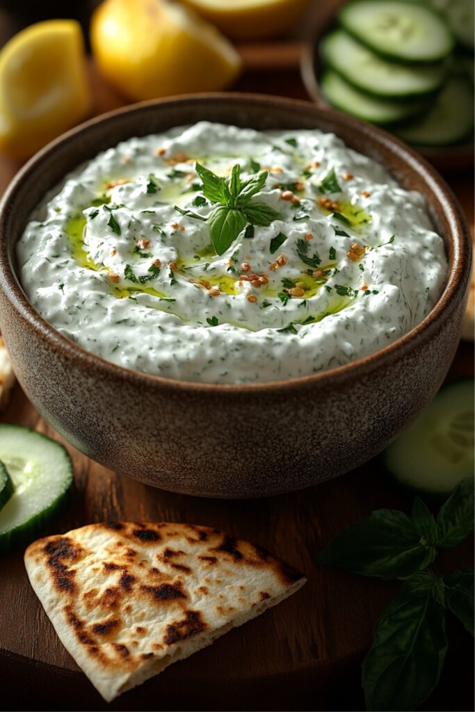 A smooth and creamy tzatziki yogurt dip served in a rustic ceramic bowl, garnished with a drizzle of olive oil and fresh dill. The dip is placed on a dark textured surface, surrounded by pita bread slices, fresh cucumber, and lemon wedges for a Mediterranean-inspired presentation.