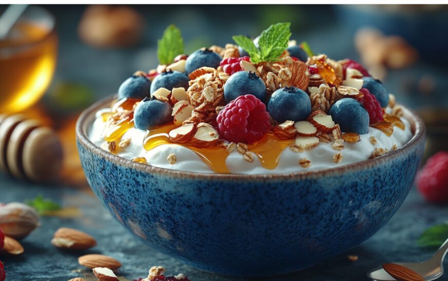 A beautifully presented Greek yogurt bowl topped with raspberries, blueberries, almonds, and honey drizzle, served in a handcrafted blue ceramic bowl.